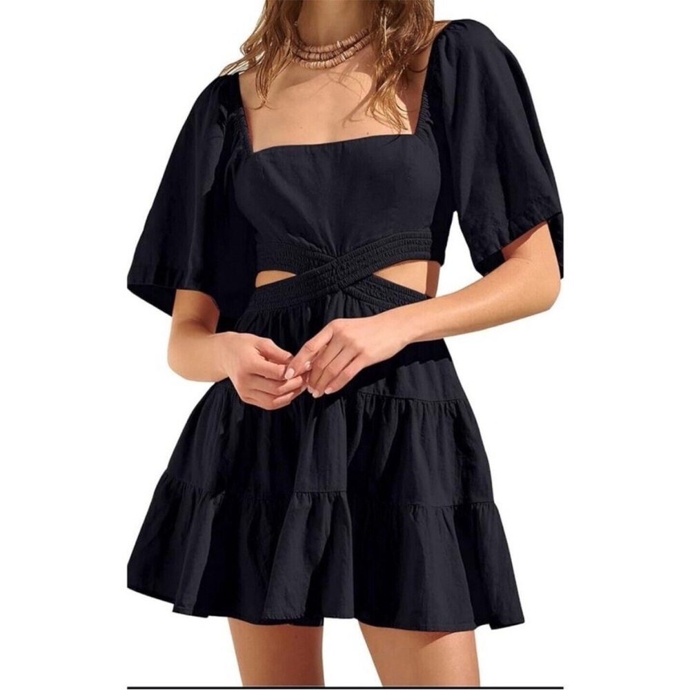 Shy Velvet Black Puff Sleeve Mini Dress with Cut-Outs